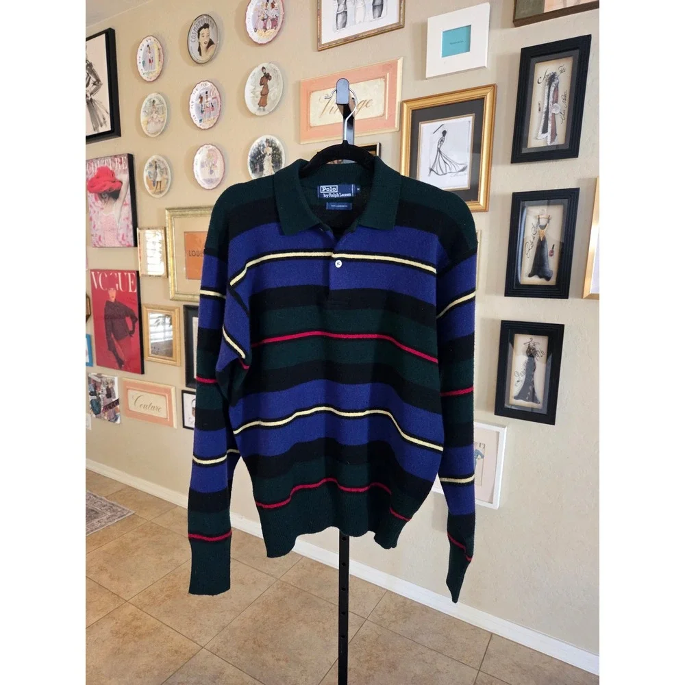 Polo Ralph Lauren Vintage 90s Striped Lambswool Polo‎ Sweater Blue Green
